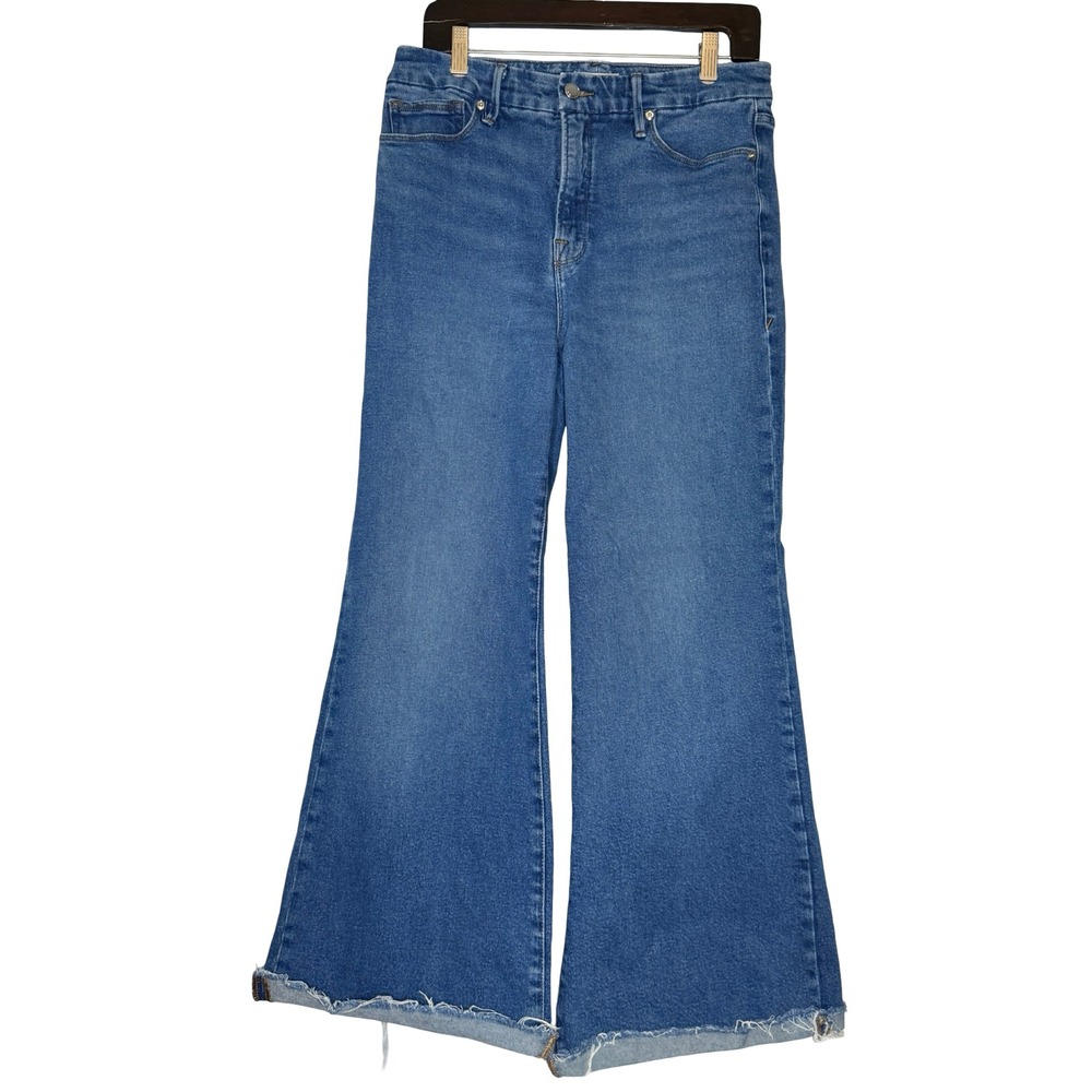 Good American Wide Leg Palazzo Jeans Blue 10 Raw Hem High Rise Retro Boho Y2K